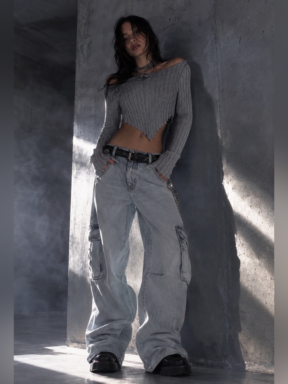 AvantGarde Architectural Ribbed Knit Top Asymmetrical Hem RickOwens Inspired  S